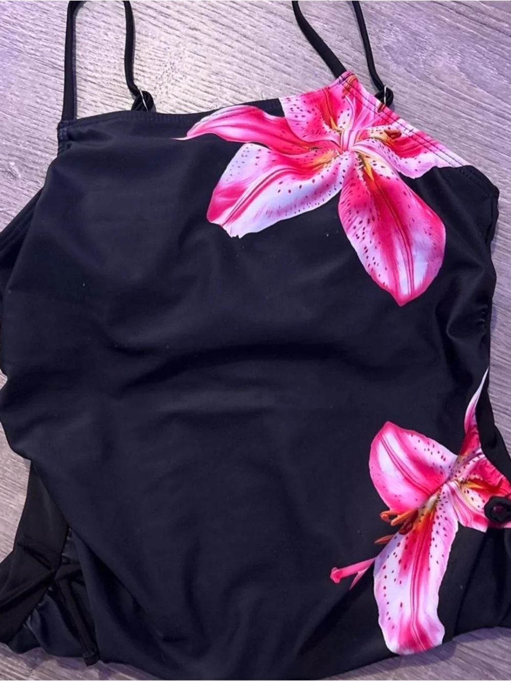 SHEIN Black One-Piece Swimsuit with Pink Floral Lilies